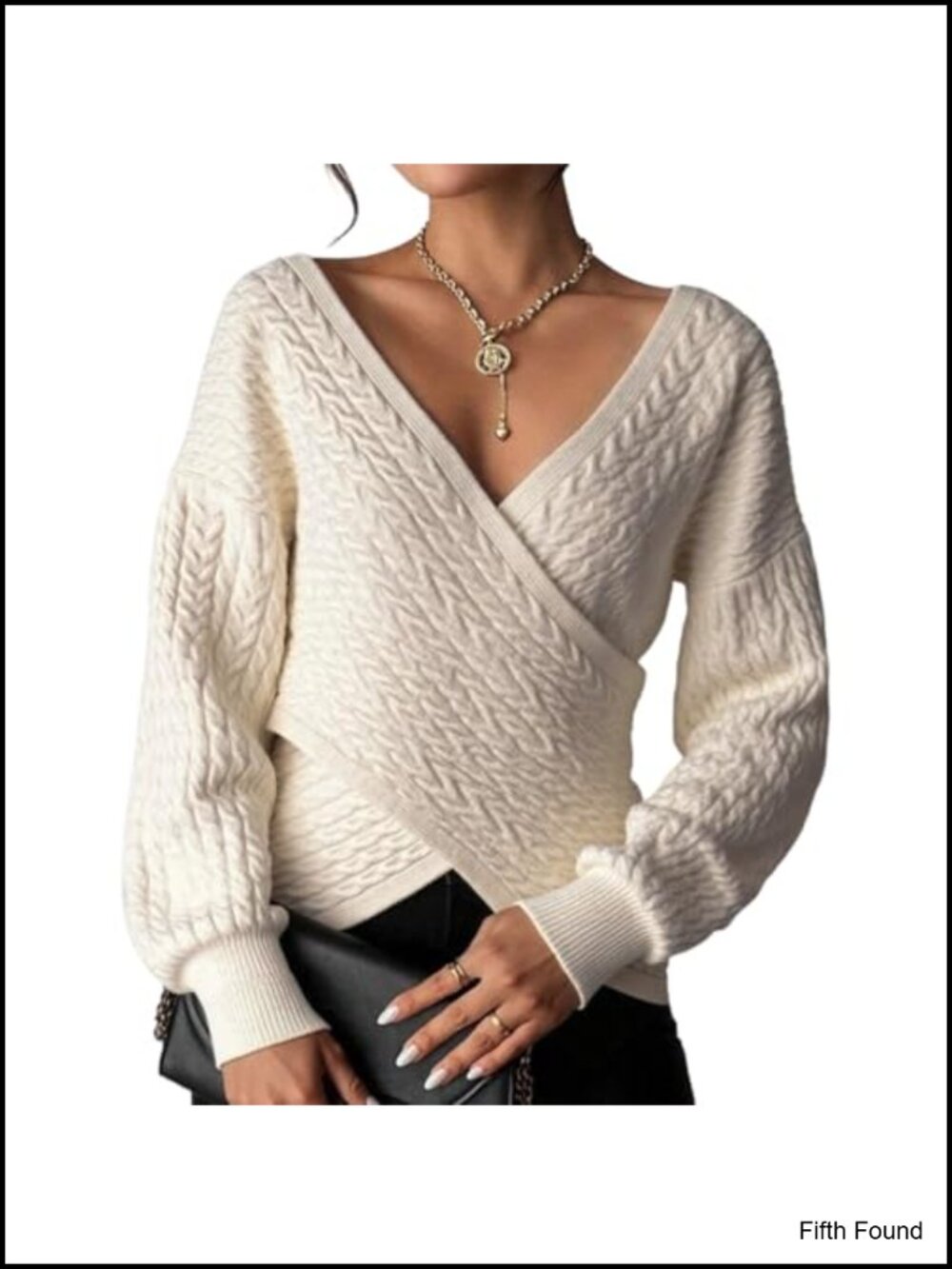Women's Wrap Sweater Cable Knit Cropped Pullover V-Neck Long Sleeve